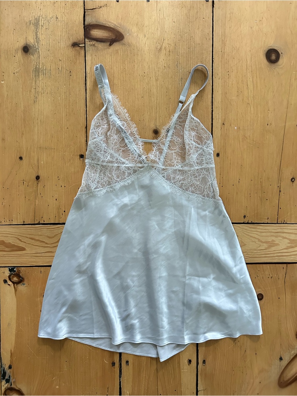 Victorias Secret Silk-Look Lace Chemise Slip in Light Silver